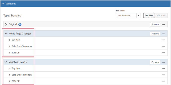 Adding or Deleting a Variation Group in Find and Replace Mode - Variations III