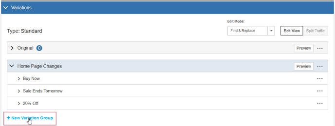 Adding or Deleting a Variation Group in Find and Replace Mode - Variations