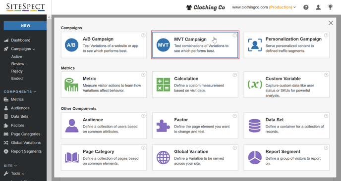 Creating a Multivariate Campaign - SiteSpect Menu