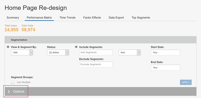 Performance Matrix Report Options - Home Page Redesign